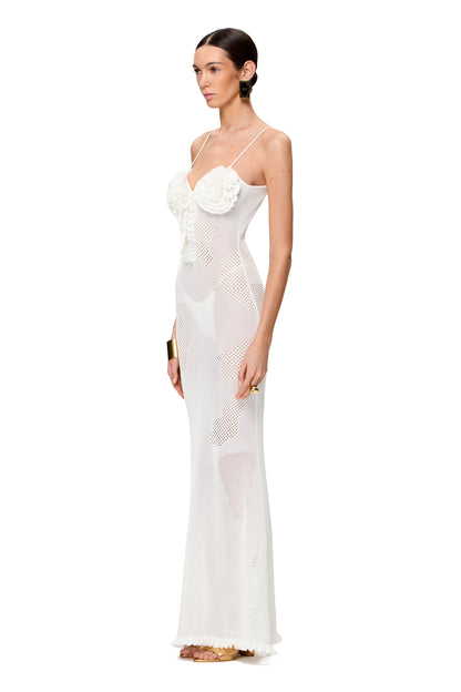 KNITTED COUTURE MAXI DRESS WITH FLORAL BUST COLOR WHITE