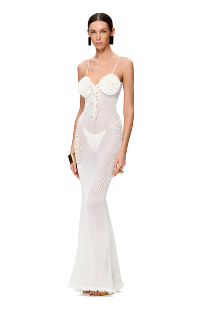 KNITTED COUTURE MAXI DRESS WITH FLORAL BUST COLOR WHITE