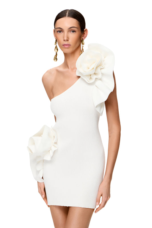 KNITTED ASYMMETRICAL MINI DRESS COUTURE WITH BIG FLOWER DECOR ON THE SHOULDER AND HIPS COLOR WHITE