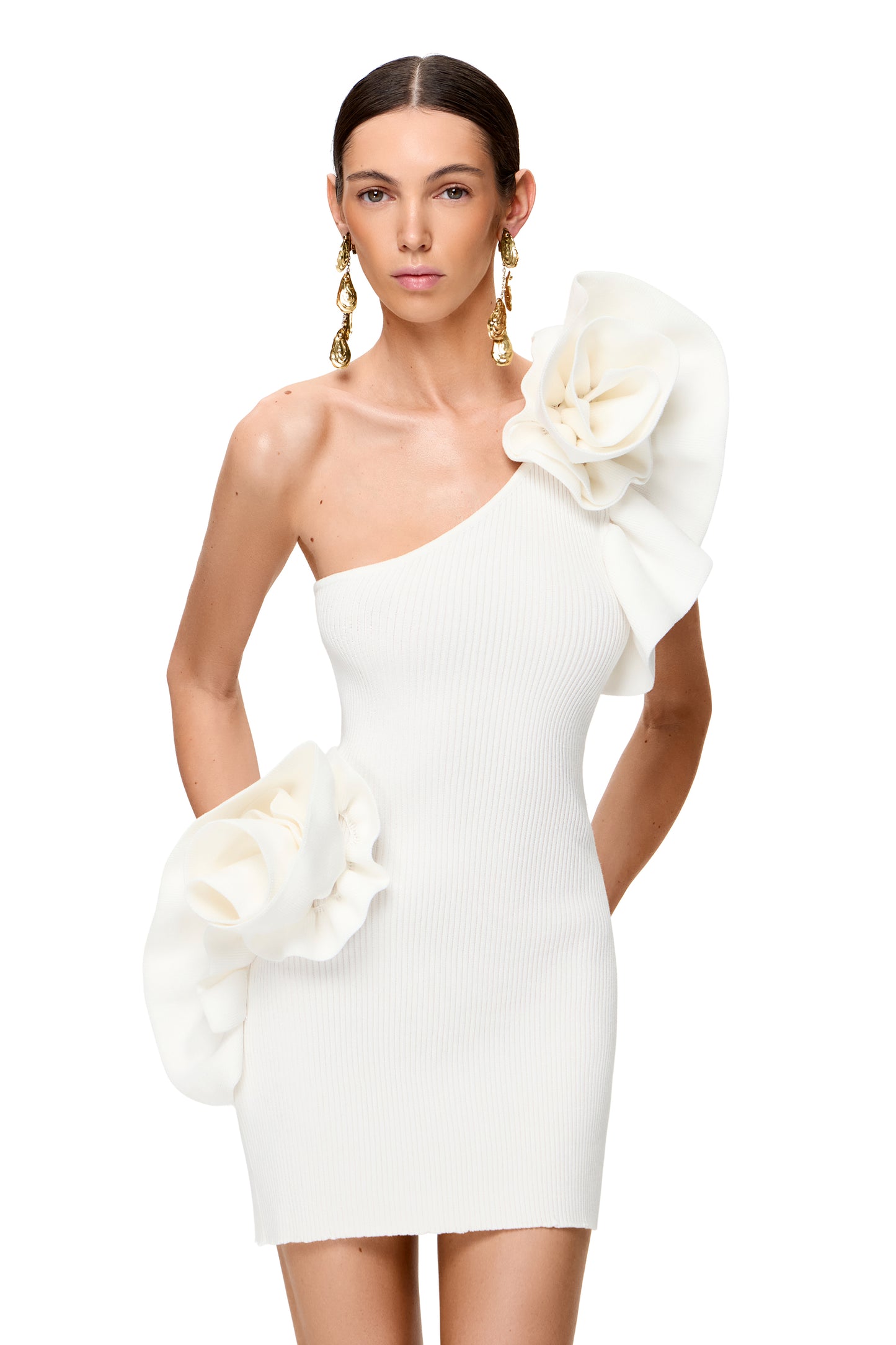KNITTED ASYMMETRICAL MINI DRESS COUTURE WITH BIG FLOWER DECOR ON THE SHOULDER AND HIPS COLOR WHITE