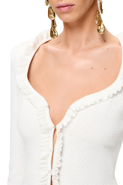 KNITTED DEEP NECKLINE JACKET WITH RUFFLES COLOR MILK