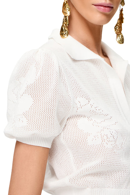 KNITTED OPENWORK CROP TOP POLO WITH SHORT SLEEVES COLOR WHITE