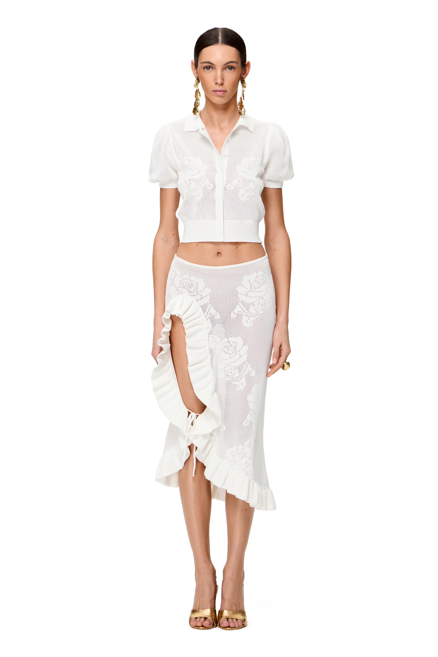 KNITTED OPENWORK SKIRT WITH HIGH RUFFLE SLIT COLOR WHITE