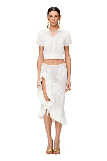 KNITTED OPENWORK SKIRT WITH HIGH RUFFLE SLIT COLOR WHITE