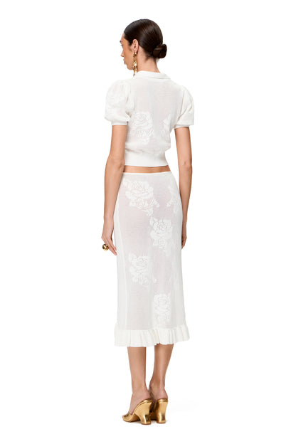 KNITTED OPENWORK SKIRT WITH HIGH RUFFLE SLIT COLOR WHITE