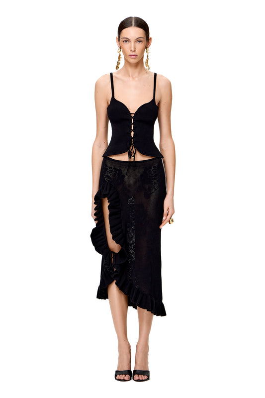 KNITTED OPENWORK SKIRT WITH HIGH RUFFLE SLIT COLOR BLACK