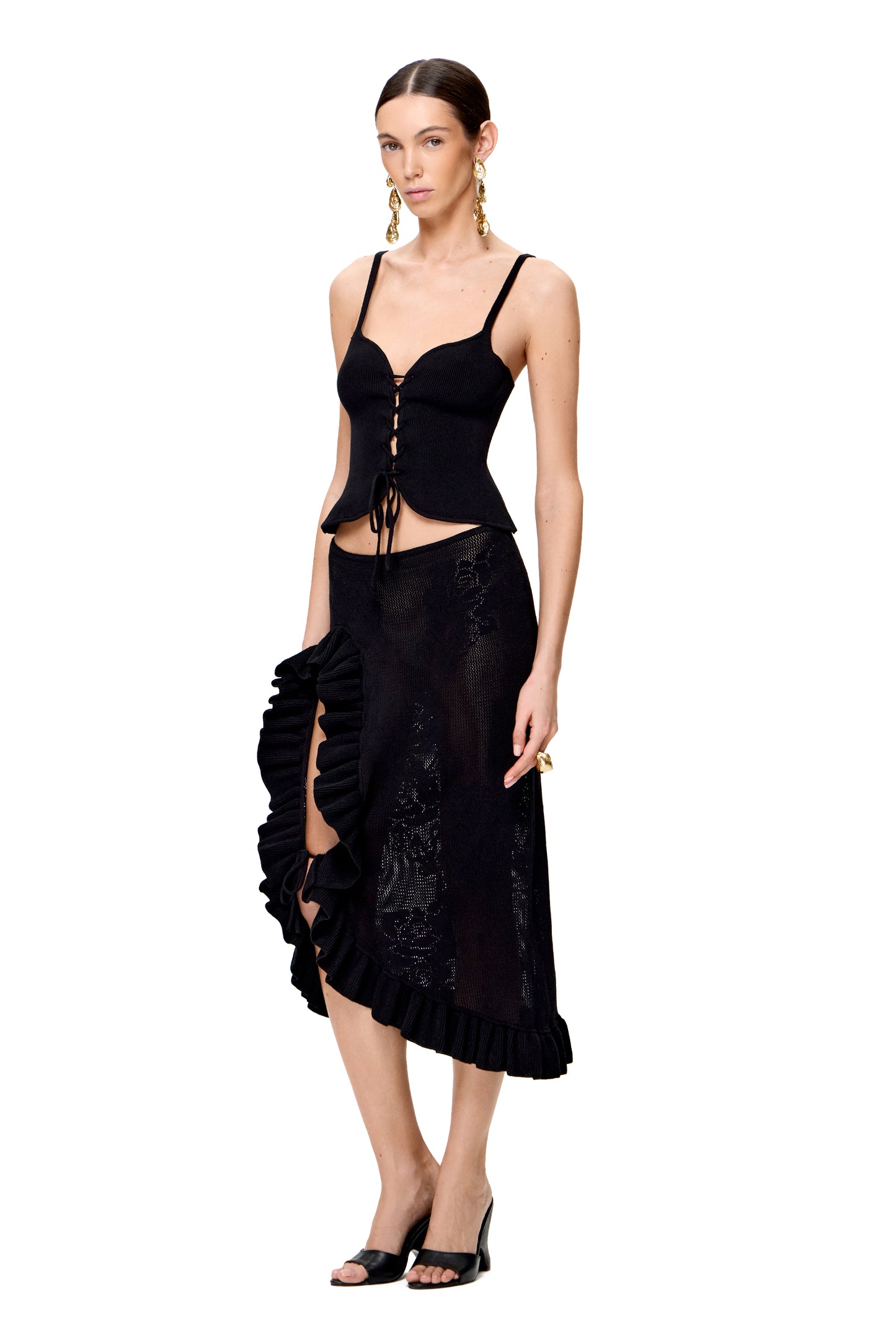 KNITTED OPENWORK SKIRT WITH HIGH RUFFLE SLIT COLOR BLACK