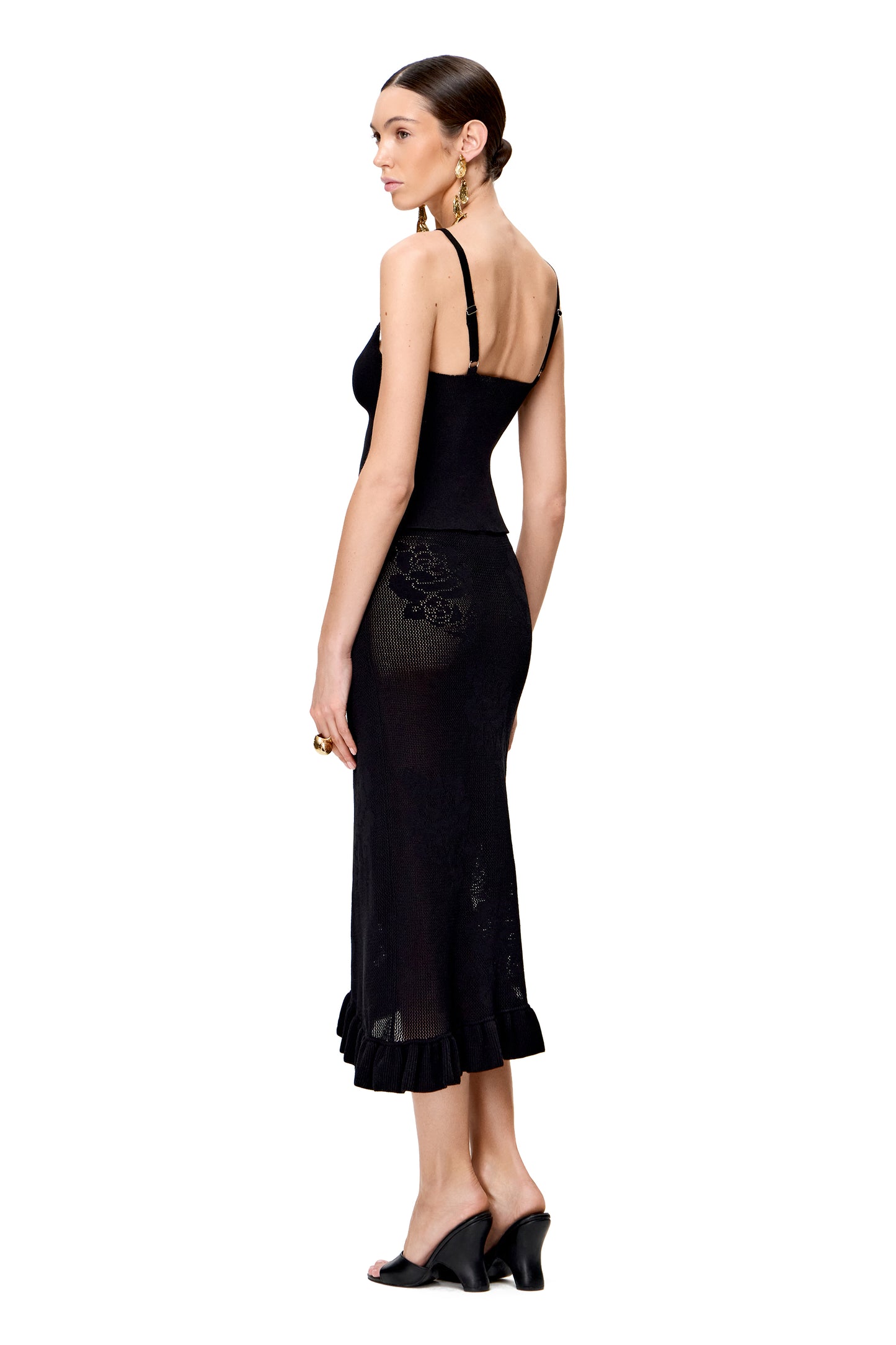 KNITTED OPENWORK SKIRT WITH HIGH RUFFLE SLIT COLOR BLACK