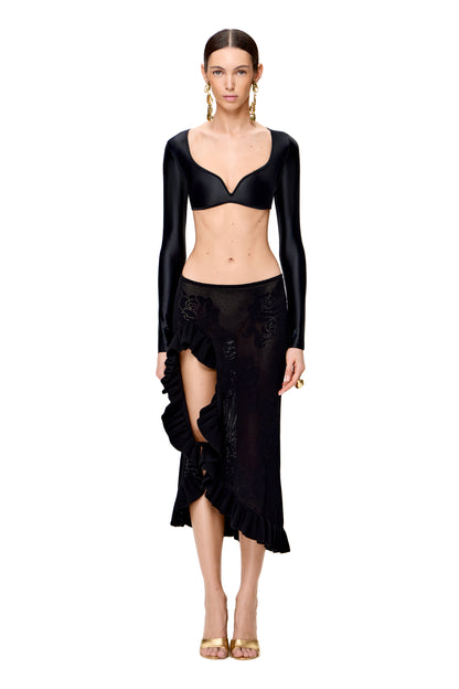 KNITTED OPENWORK SKIRT WITH HIGH RUFFLE SLIT COLOR BLACK