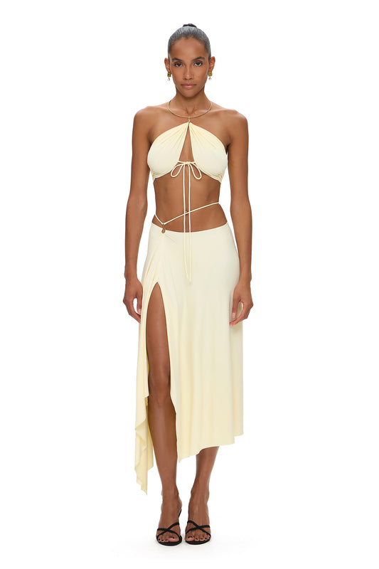 LYCRA SUIT TOP WITH METALLIC CHOKER AND ASYMMETRICAL SKIRT WITH HOOK YELLOW