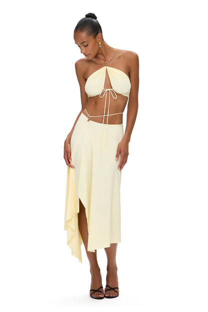 LYCRA SUIT TOP WITH METALLIC CHOKER AND ASYMMETRICAL SKIRT WITH HOOK YELLOW