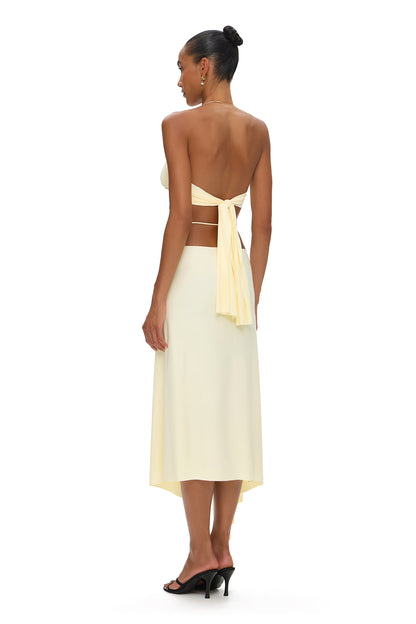 LYCRA SUIT TOP WITH METALLIC CHOKER AND ASYMMETRICAL SKIRT WITH HOOK YELLOW