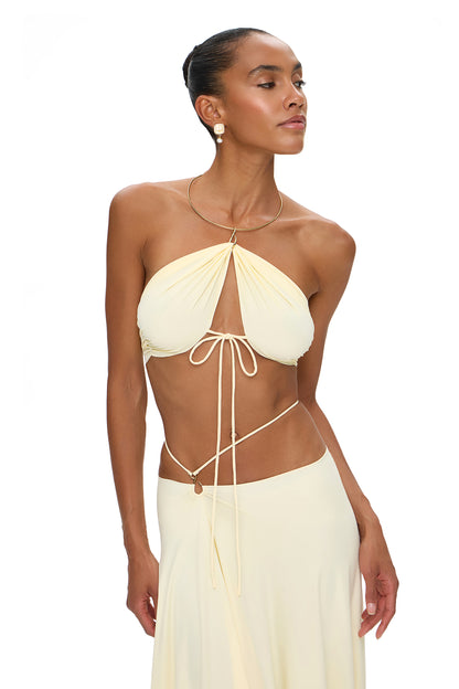 LYCRA SUIT TOP WITH METALLIC CHOKER AND ASYMMETRICAL SKIRT WITH HOOK YELLOW