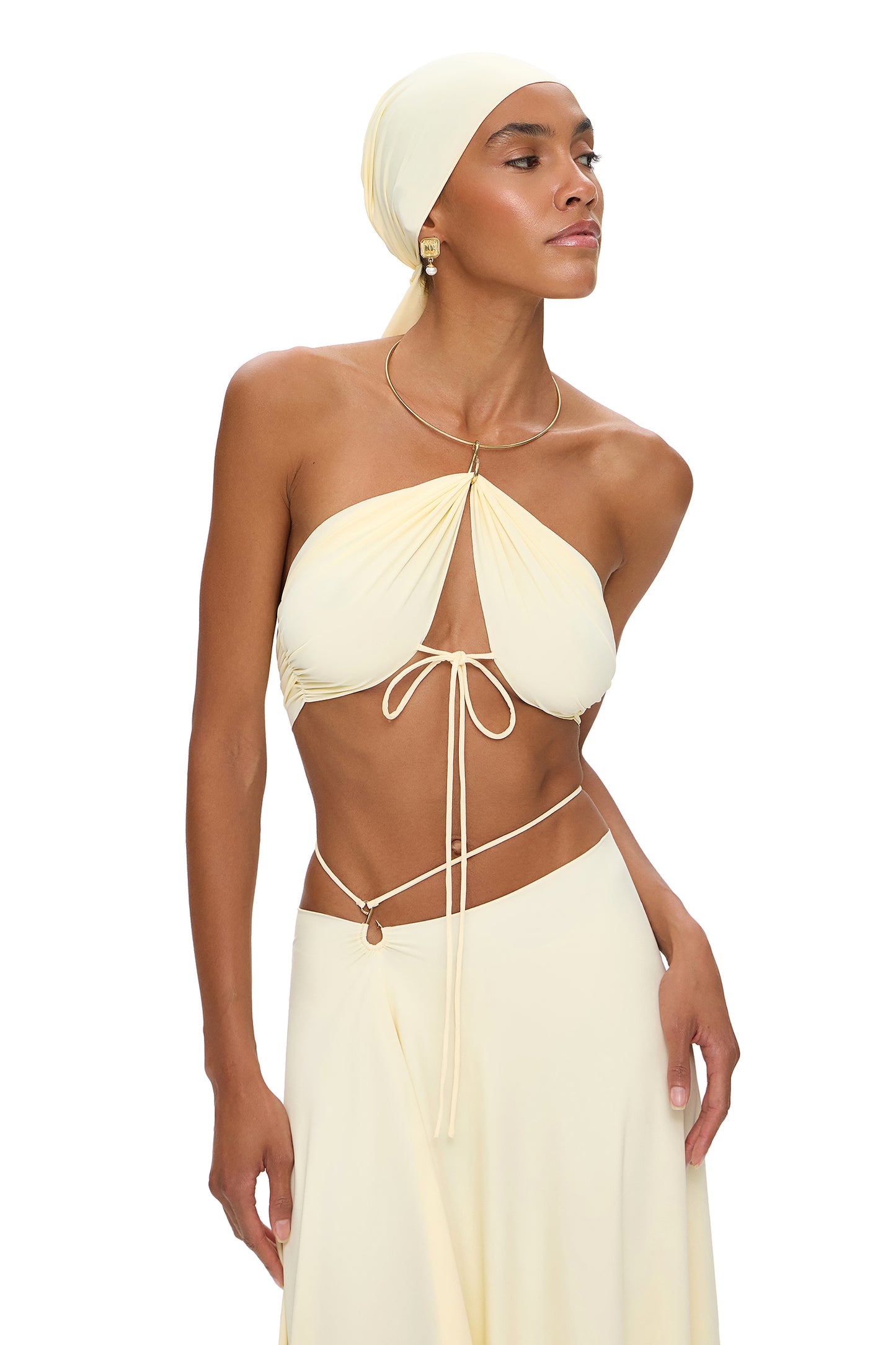 LYCRA SUIT TOP WITH METALLIC CHOKER AND ASYMMETRICAL SKIRT WITH HOOK YELLOW