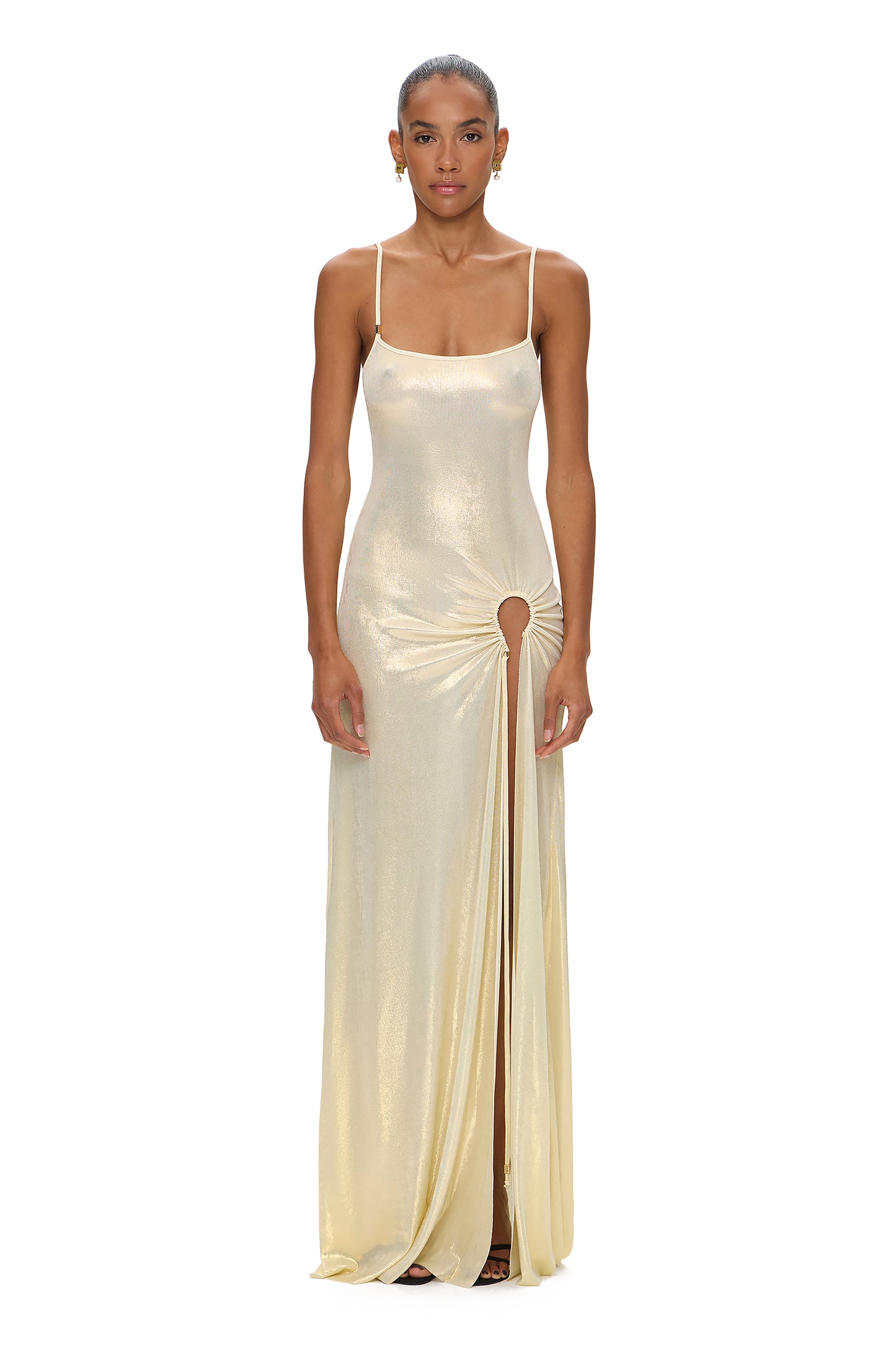 LYCRA STRAPPY DRESS WITH FISHING HOOK METALLIC MILK