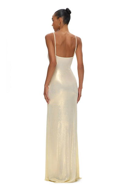 LYCRA STRAPPY DRESS WITH FISHING HOOK METALLIC MILK