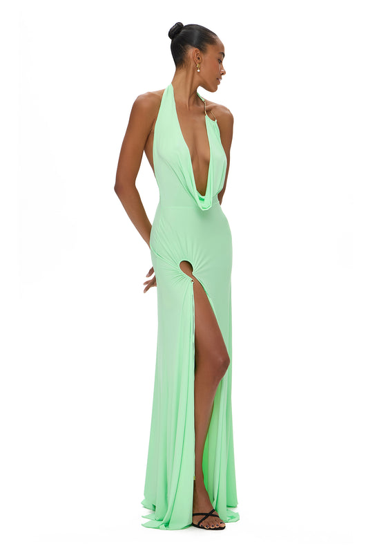 LYCRA MAXI DRESS WITH CHEST FISHING HOOK AND HIGH SLIT WITH BIG HOOK GREEN