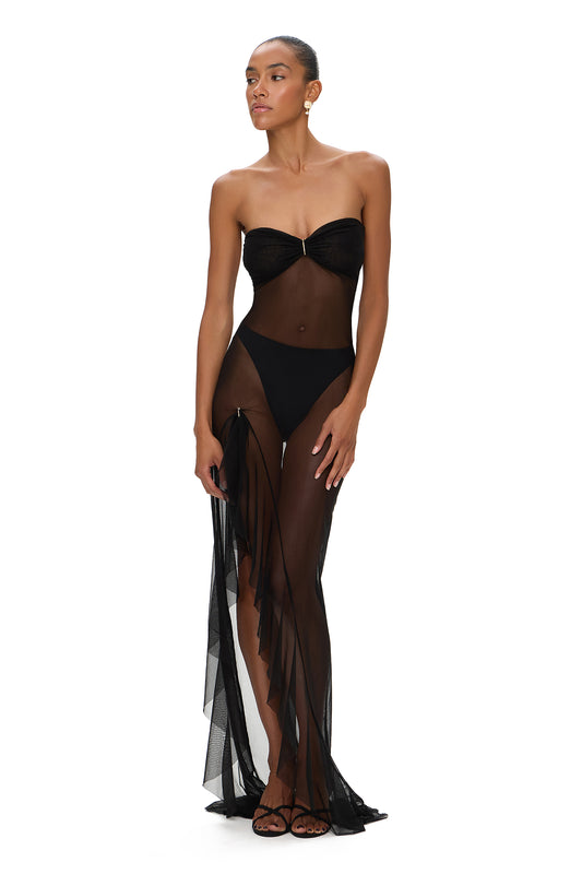 MESH DRESS WITH FRONT LEG FRILL BLACK