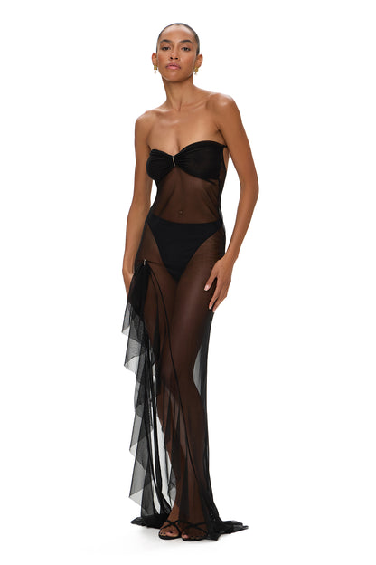 MESH DRESS WITH FRONT LEG FRILL BLACK