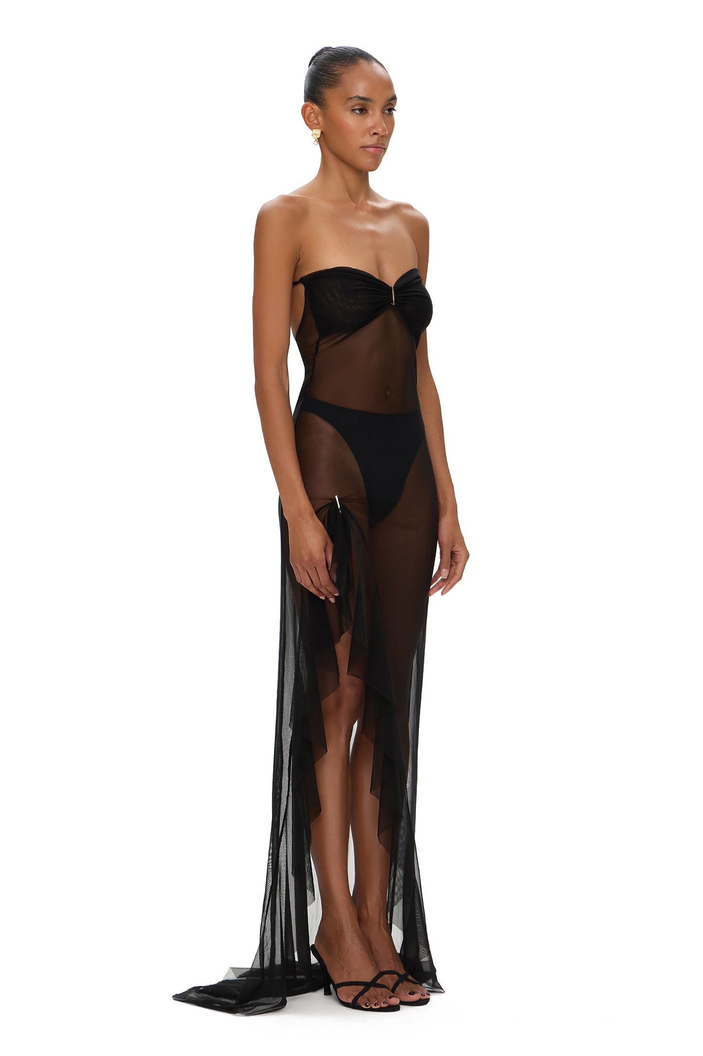 MESH DRESS WITH FRONT LEG FRILL BLACK