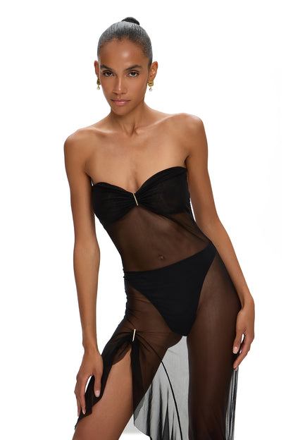 MESH DRESS WITH FRONT LEG FRILL BLACK