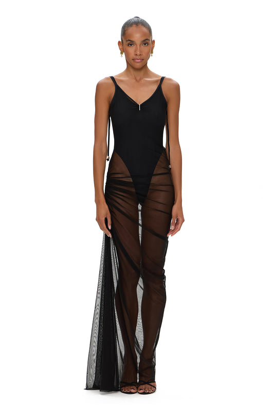 MESH MAXI DRESS WITH BODYSUIT BLACK