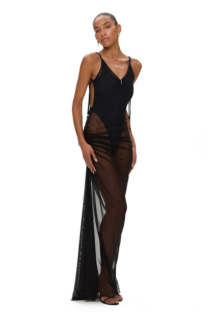 MESH MAXI DRESS WITH BODYSUIT BLACK