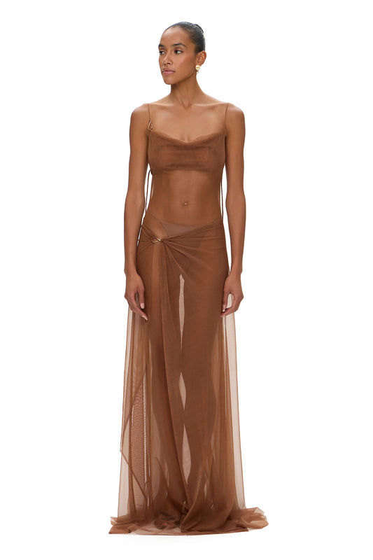 MESH MAXI DRESS AND SKIRT WITH METAL FISHING HOOK DECOR CHOCOLATE