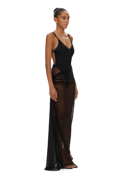 MESH MAXI DRESS WITH BODYSUIT BLACK