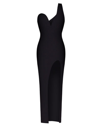 KNIT ASYMMETRICAL COUTURE DRESS WITH V-NECKLINE AND OPEN LEG