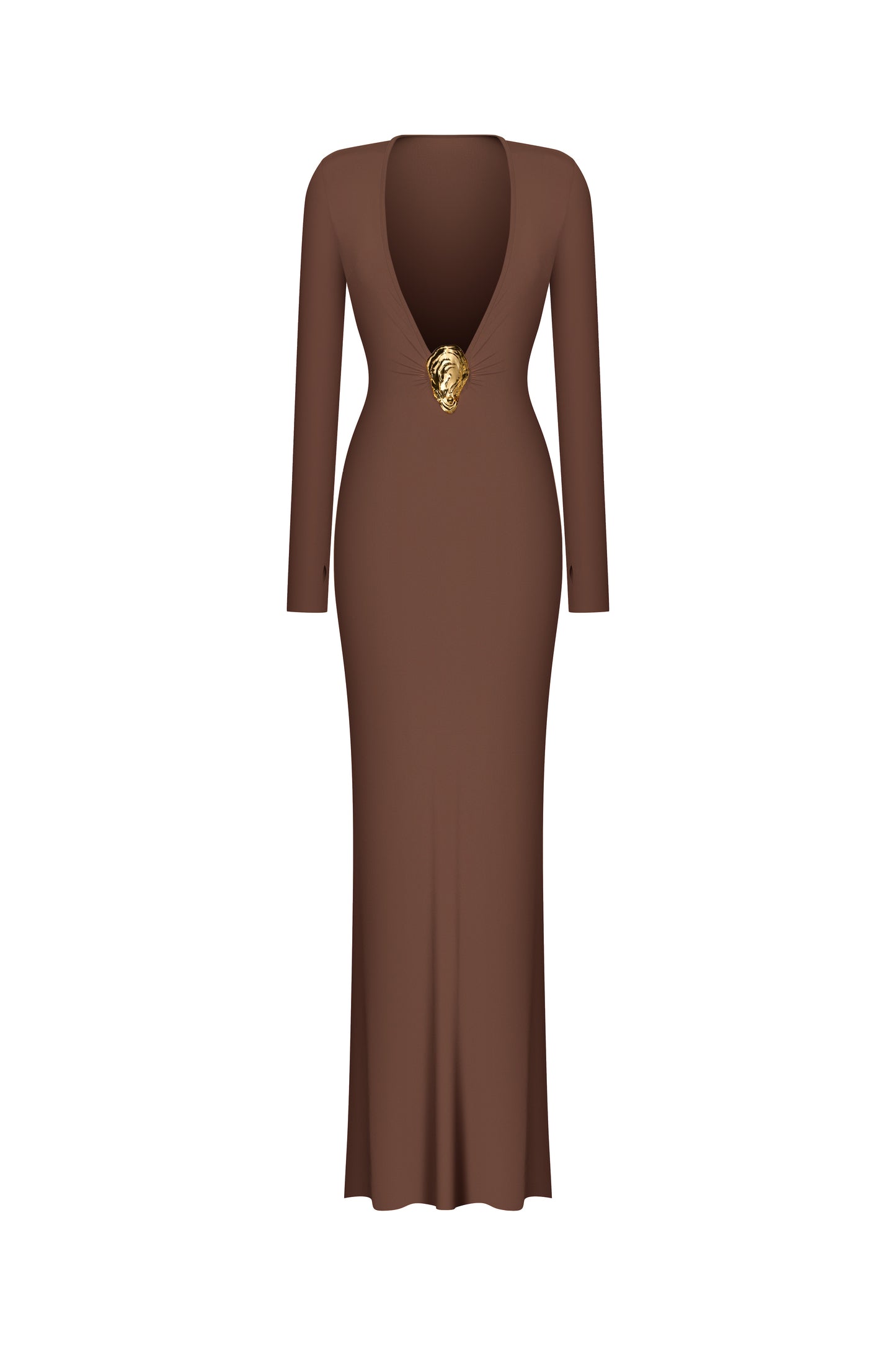 LYCRA LONG SLEEVE MAXI DRESS DEEP NECKLINE METAL SHELL DECOR CHOCOLATE