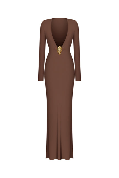 LYCRA LONG SLEEVE MAXI DRESS DEEP NECKLINE METAL SHELL DECOR CHOCOLATE