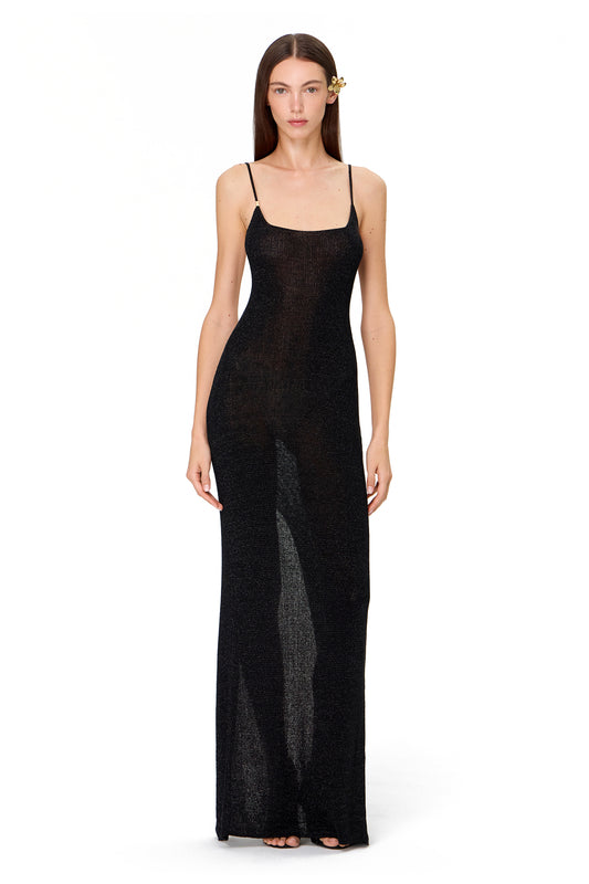 KNITTED MAXI DRESS THIN STRAPS WITH BACK SLIT LUREX BLACK