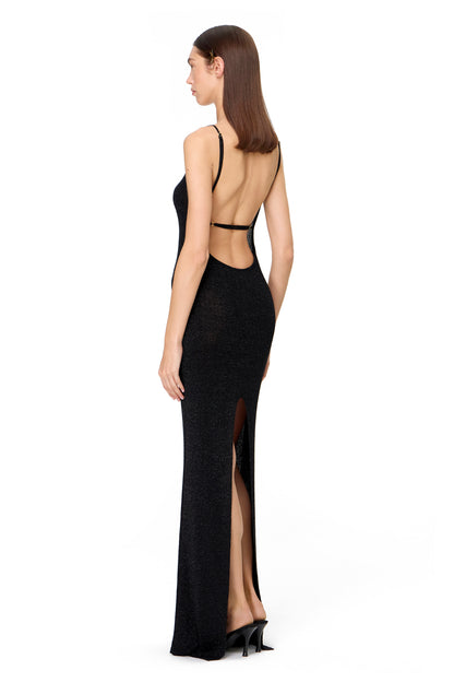 KNITTED MAXI DRESS THIN STRAPS WITH BACK SLIT LUREX BLACK