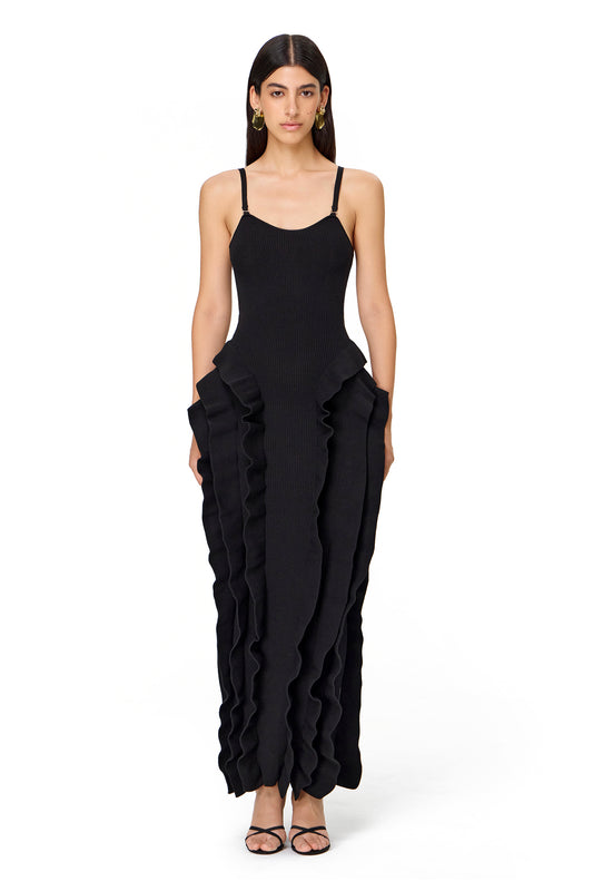 KNITTED MAXI DRESS COUTURE WITH RUFFLES ON THE HIPS BLACK