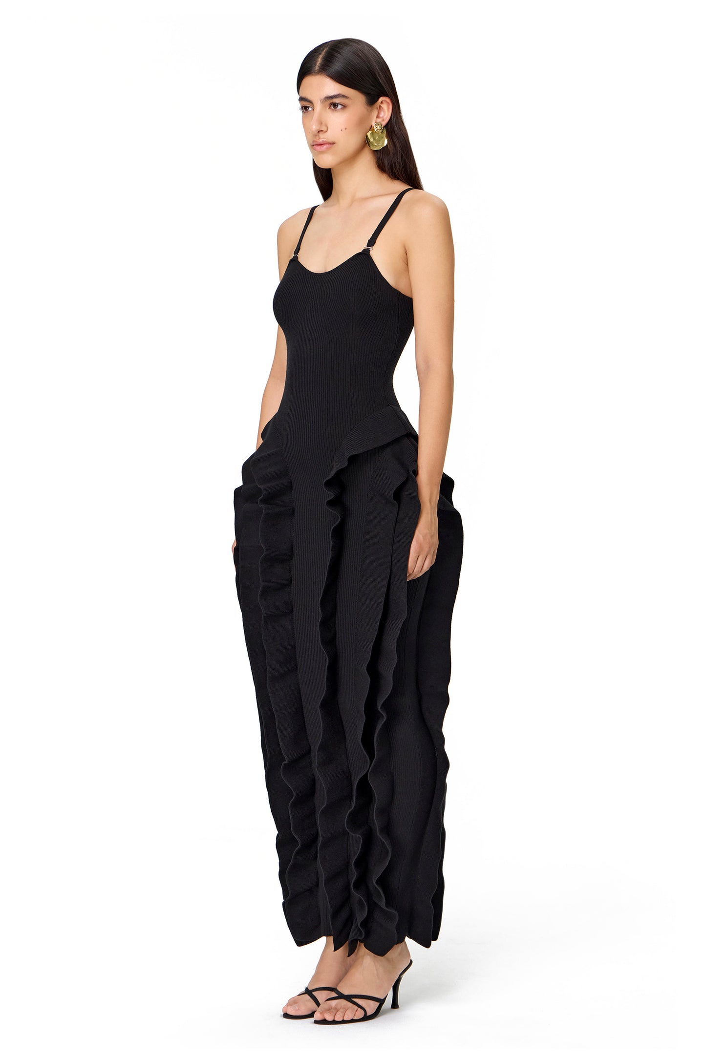 KNITTED MAXI DRESS COUTURE WITH RUFFLES ON THE HIPS BLACK