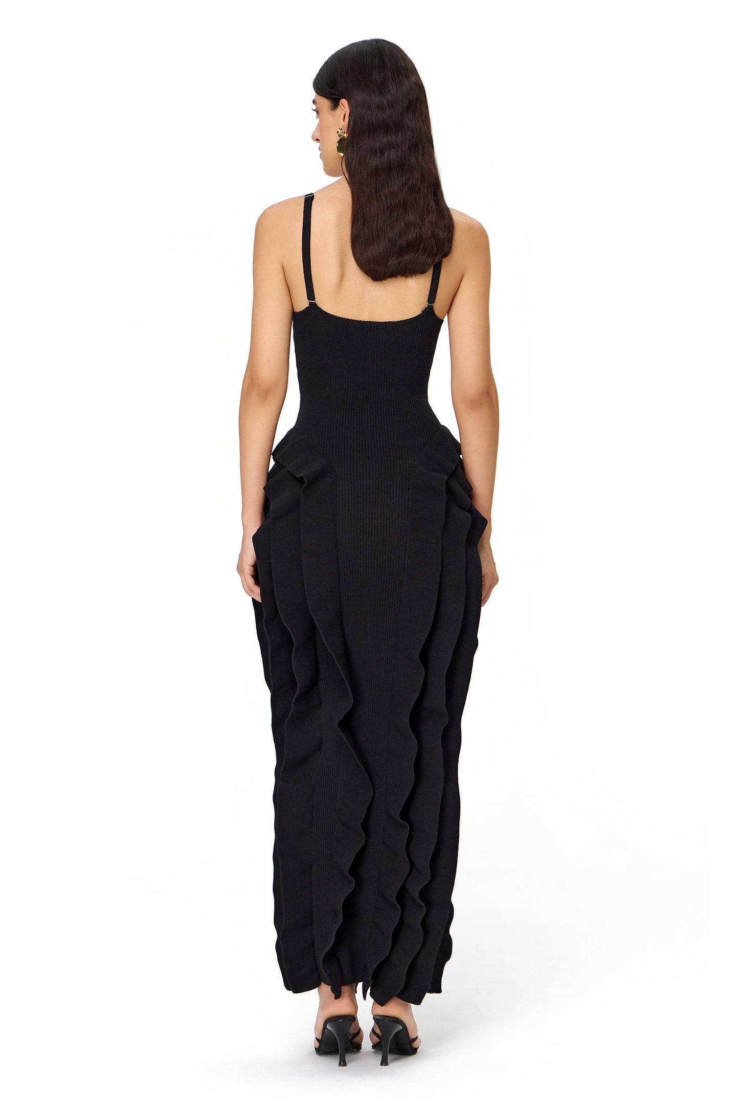 KNITTED MAXI DRESS COUTURE WITH RUFFLES ON THE HIPS BLACK