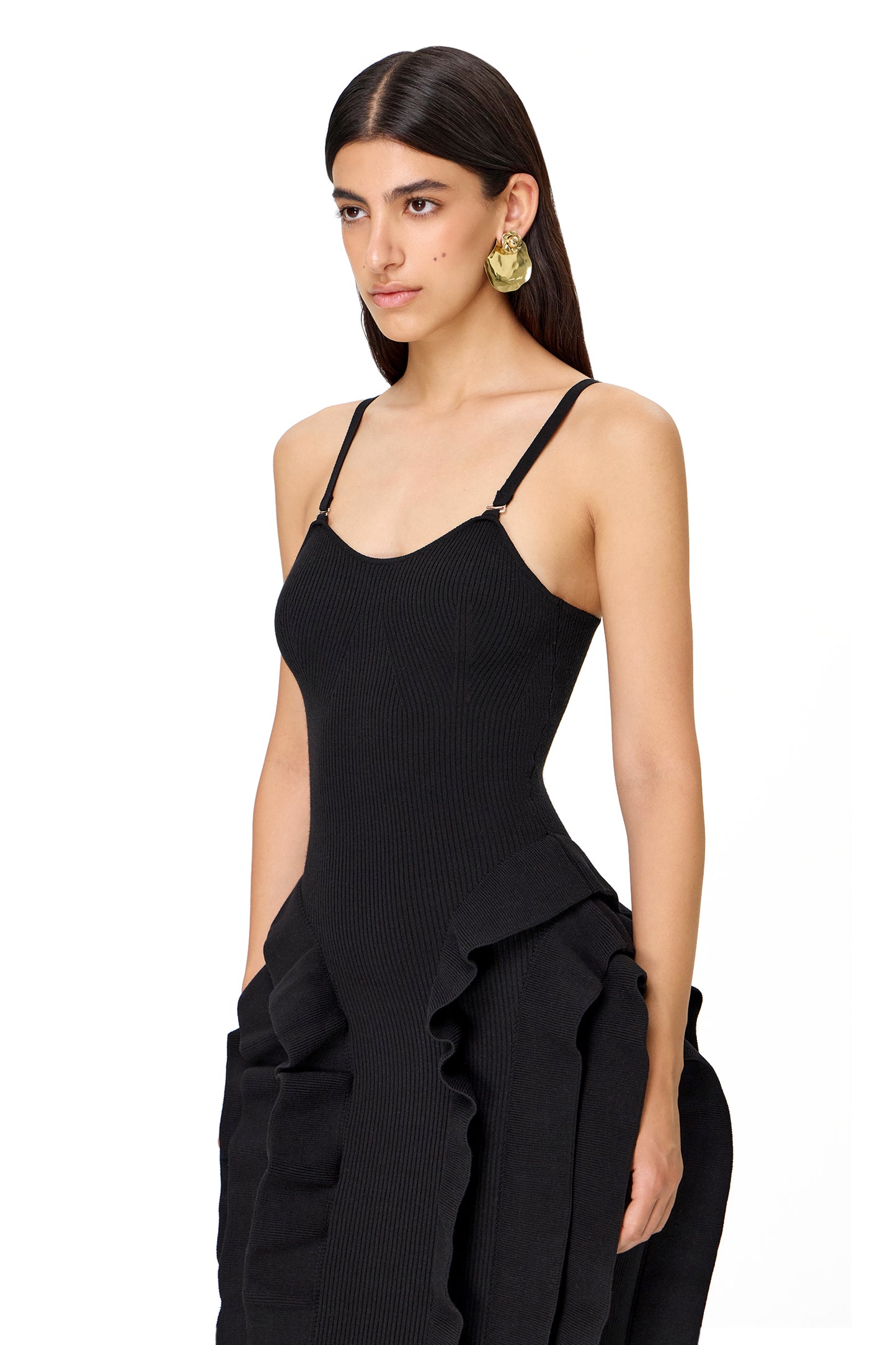 KNITTED MAXI DRESS COUTURE WITH RUFFLES ON THE HIPS BLACK