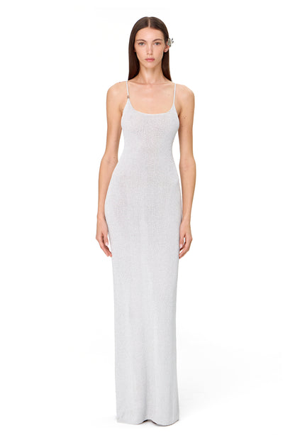 KNITTED MAXI THIN STRAPS DRESS WITH BACK SLIT LUREX SILVER