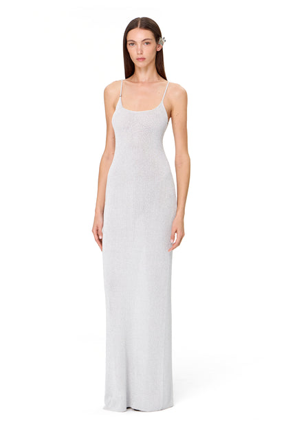 KNITTED MAXI THIN STRAPS DRESS WITH BACK SLIT LUREX SILVER