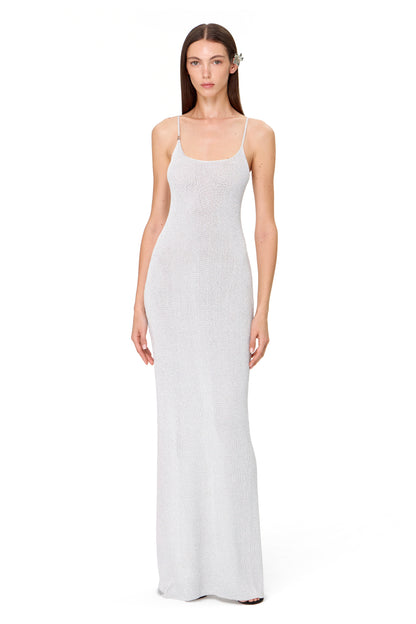 KNITTED MAXI THIN STRAPS DRESS WITH BACK SLIT LUREX SILVER