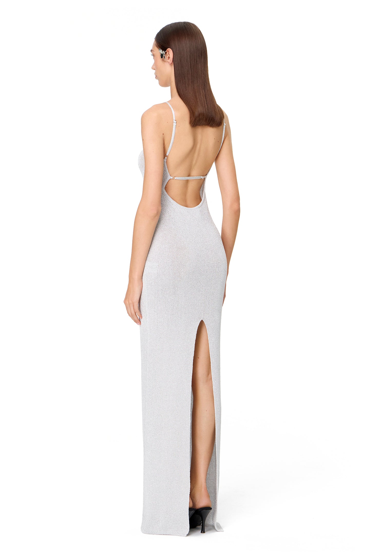 KNITTED MAXI THIN STRAPS DRESS WITH BACK SLIT LUREX SILVER