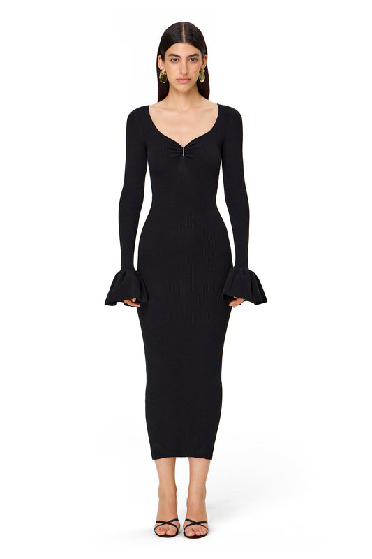 KNITTED DRESS WITH RUFFLES ON THE SLEEVES BLACK