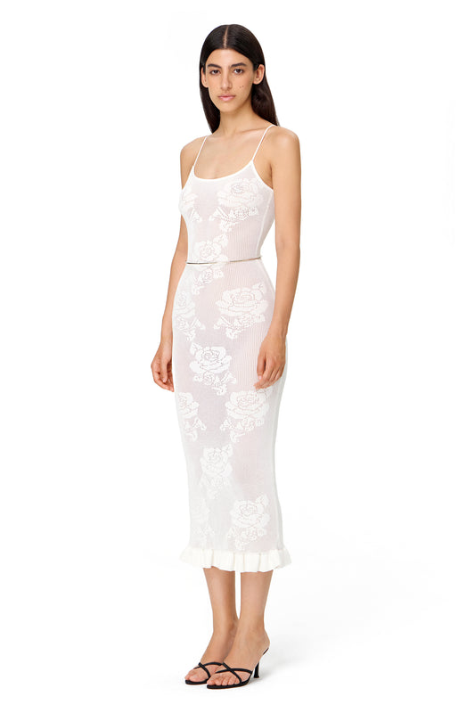 KNITTED OPENWORK MIDI COUTURE DRESS WHITE