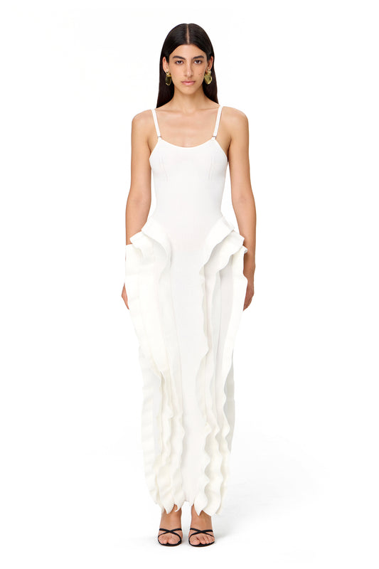 KNITTED MAXI DRESS COUTURE WITH RUFFLES ON THE HIPS WHITE