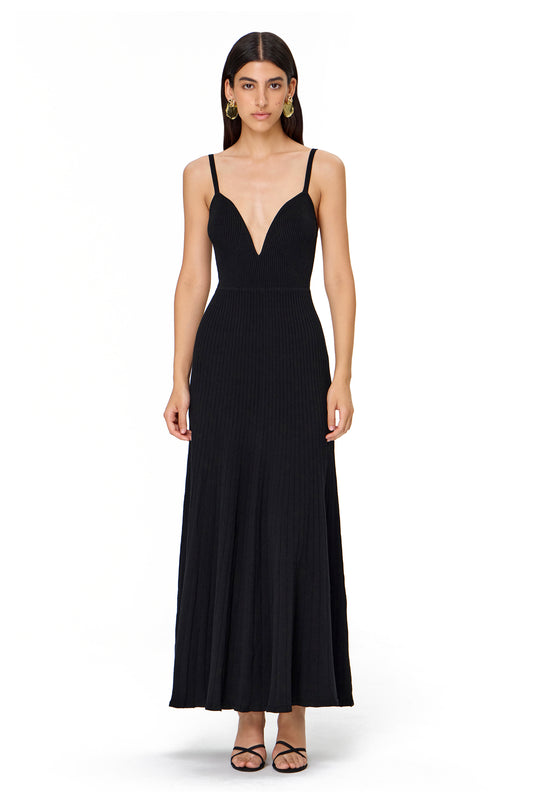 KNITTED COUTURE DRESS WITH STRAPS AND PLEATED BOTTOM BLACK