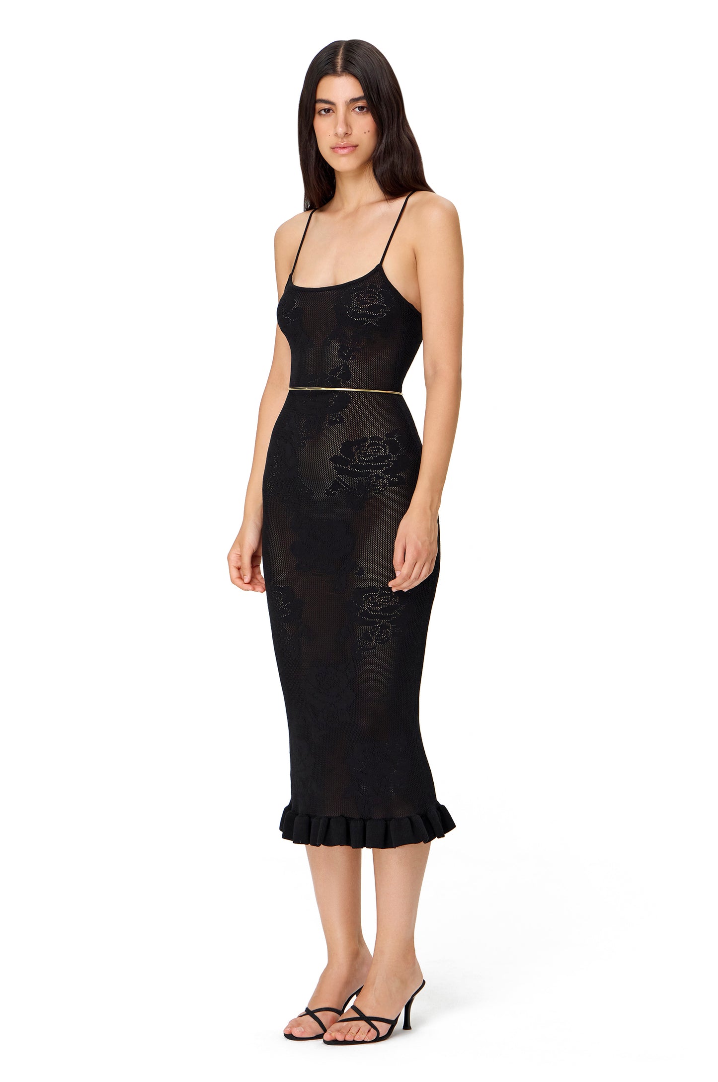 KNITTED OPENWORK MIDI COUTURE DRESS BLACK