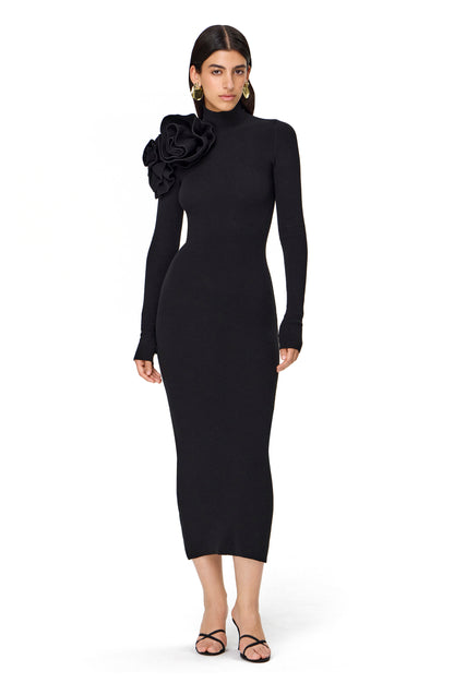 KNITTED COUTURE LONG SLEEVES DRESS FLOWER DECOR ON THE SHOULDER BLACK