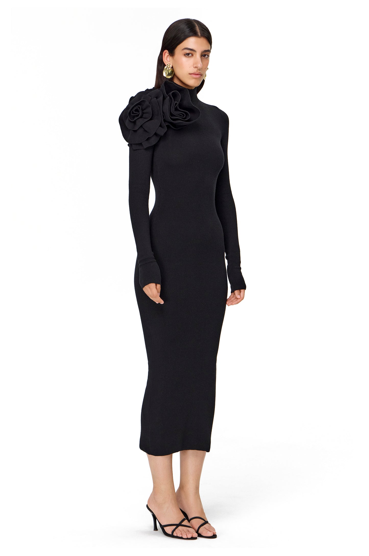 KNITTED COUTURE LONG SLEEVES DRESS FLOWER DECOR ON THE SHOULDER BLACK