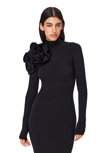 KNITTED COUTURE LONG SLEEVES DRESS FLOWER DECOR ON THE SHOULDER BLACK